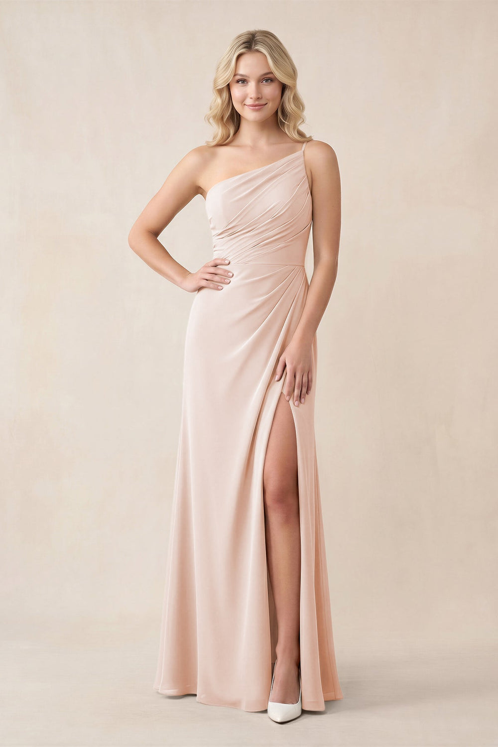 One - Shoulder Sheath Chiffon Ruched Bridesmaid Dress in Pale Blush - KISS BRIDAL Bridesmaid Dresses