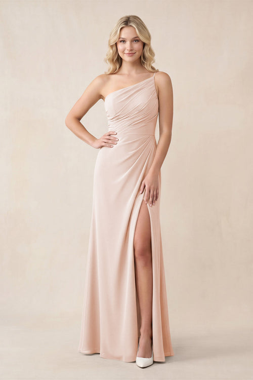 One - Shoulder Sheath Chiffon Ruched Bridesmaid Dress in Pale Blush - SHE IS ME Bridesmaid Dresses