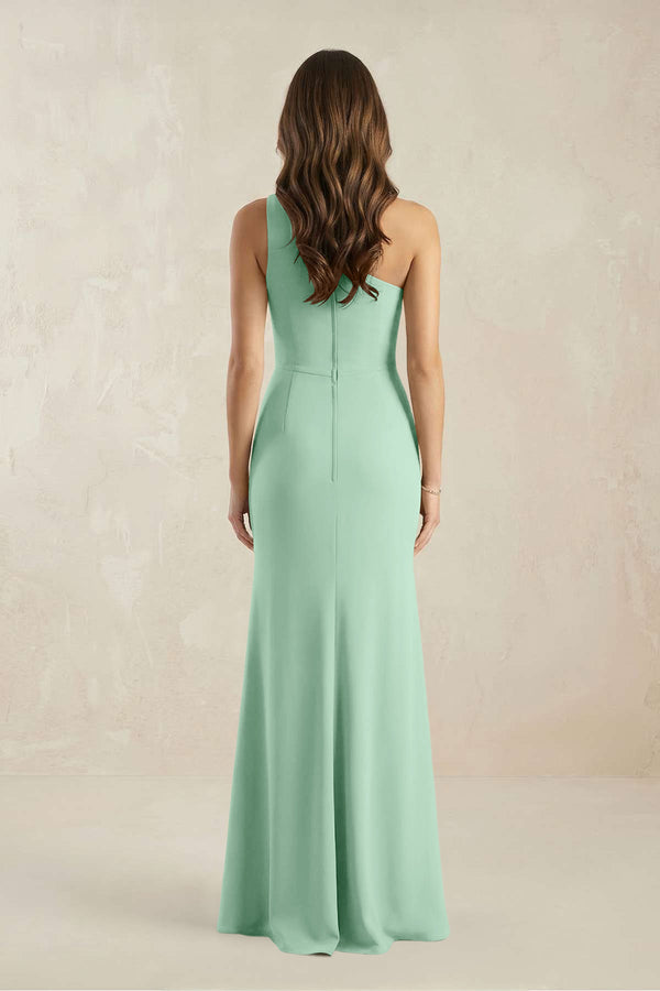 One-Shoulder Sheath Chiffon Ruched Bridesmaid Dress in Pale Pistachio (2) | KISSBRIDAL