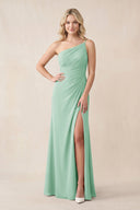 One - Shoulder Sheath Chiffon Ruched Bridesmaid Dress in Pale Pistachio - SHE IS ME Bridesmaid Dresses