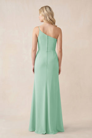 One - Shoulder Sheath Chiffon Ruched Bridesmaid Dress in Pale Pistachio - SHE IS ME Bridesmaid Dresses