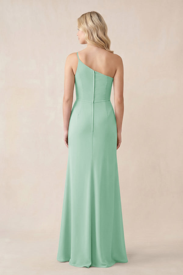 One - Shoulder Sheath Chiffon Ruched Bridesmaid Dress in Pale Pistachio - SHE IS ME Bridesmaid Dresses