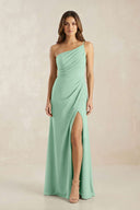 One-Shoulder Sheath Chiffon Ruched Bridesmaid Dress in Pale Pistachio | KISSBRIDAL