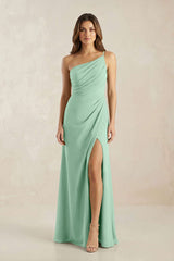 One-Shoulder Sheath Chiffon Ruched Bridesmaid Dress in Pale Pistachio | KISSBRIDAL