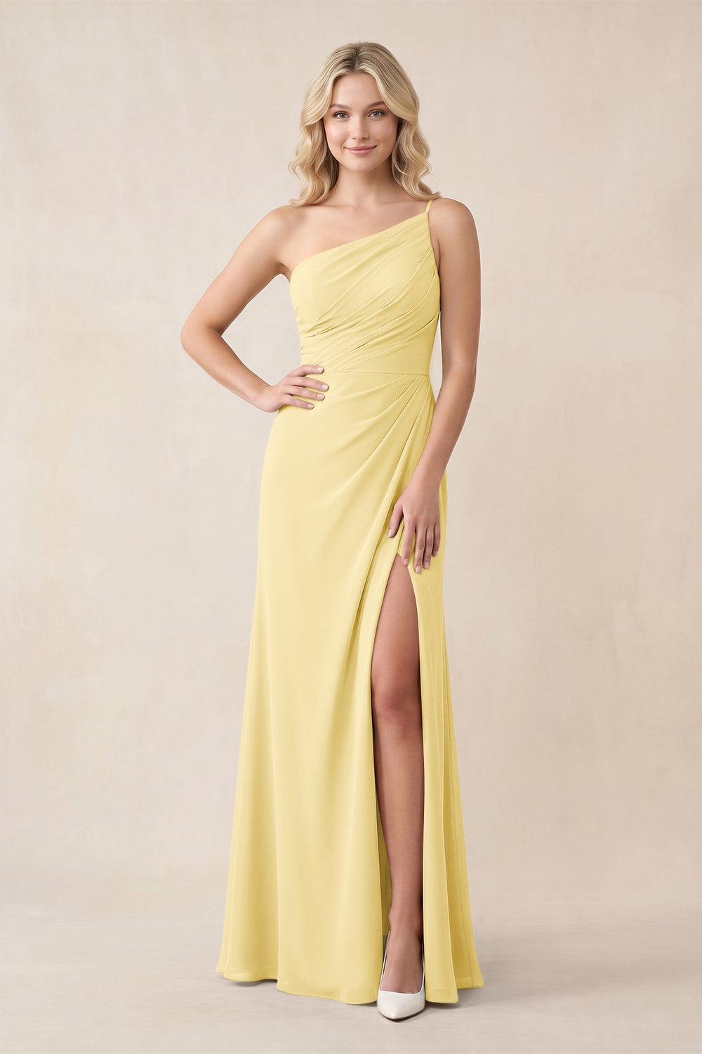 One - Shoulder Sheath Chiffon Ruched Bridesmaid Dress in Pastel Yellow - KISS BRIDAL Bridesmaid Dresses