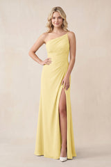 One - Shoulder Sheath Chiffon Ruched Bridesmaid Dress in Pastel Yellow - KISS BRIDAL Bridesmaid Dresses