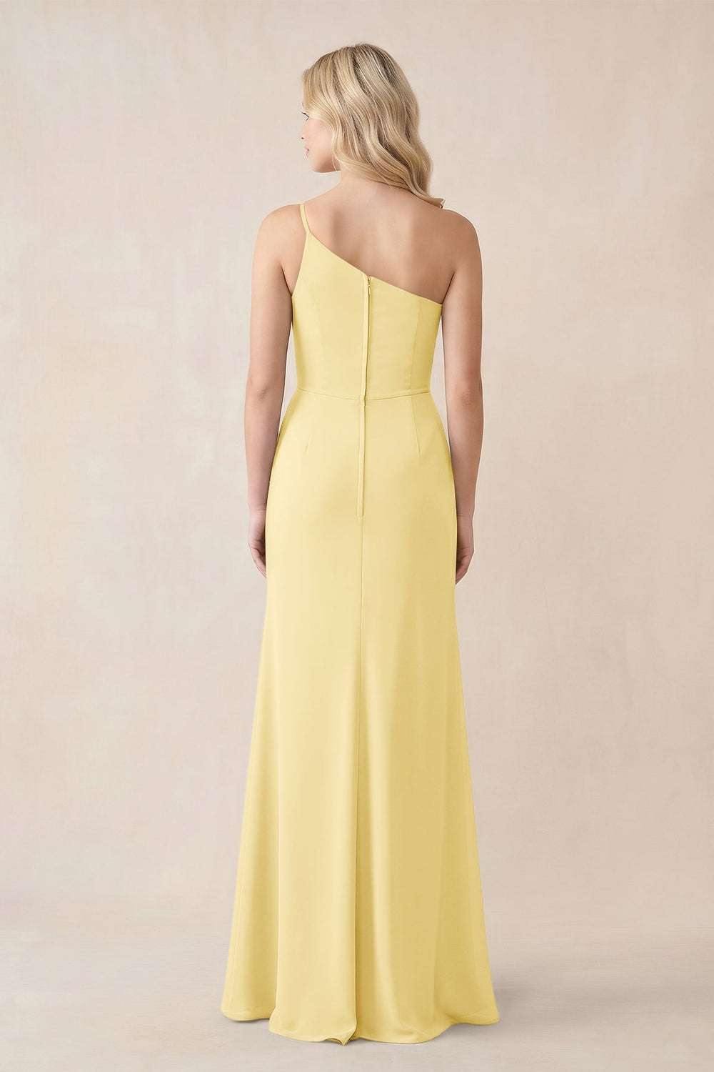 One - Shoulder Sheath Chiffon Ruched Bridesmaid Dress in Pastel Yellow - KISS BRIDAL Bridesmaid Dresses