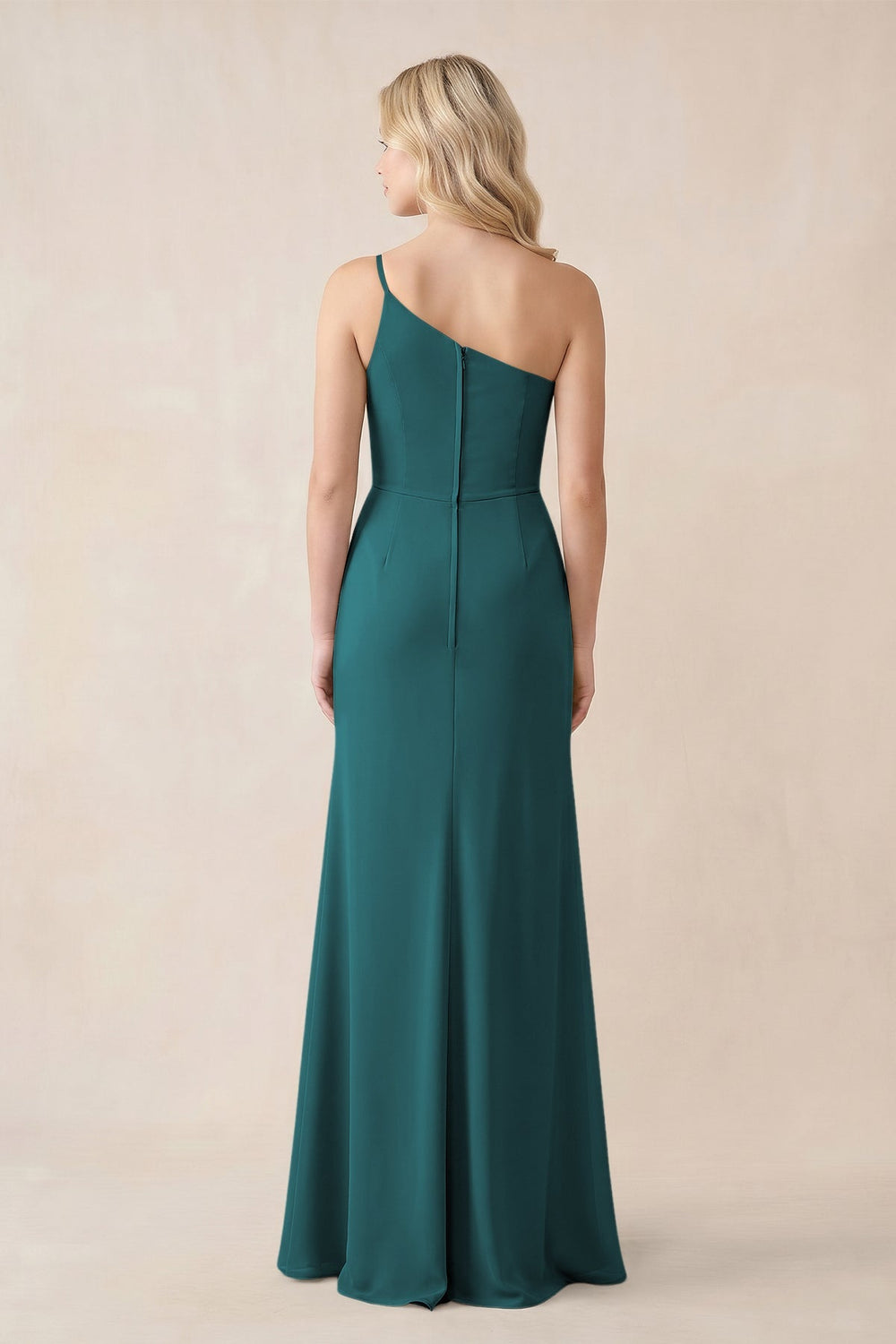 One - Shoulder Sheath Chiffon Ruched Bridesmaid Dress in Pine - KISS BRIDAL Bridesmaid Dresses