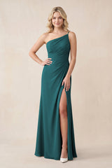 One - Shoulder Sheath Chiffon Ruched Bridesmaid Dress in Pine - KISS BRIDAL Bridesmaid Dresses