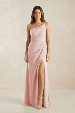 One-Shoulder Sheath Chiffon Ruched Bridesmaid Dress in Rose Petal | KISSBRIDAL