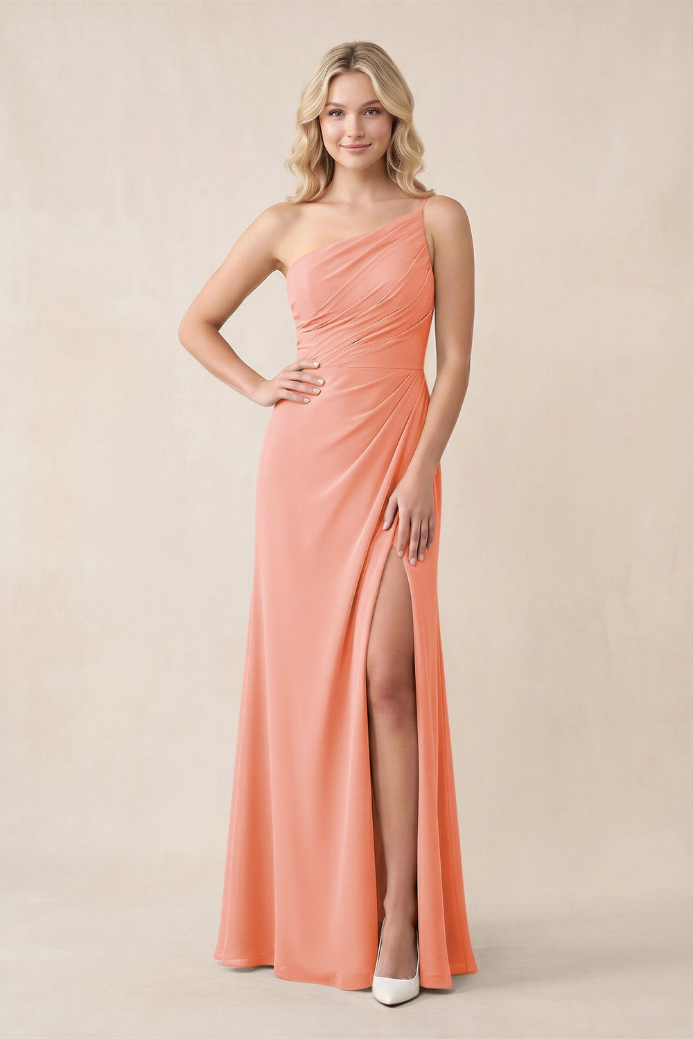 One - Shoulder Sheath Chiffon Ruched Bridesmaid Dress in Rosette - KISS BRIDAL Bridesmaid Dresses
