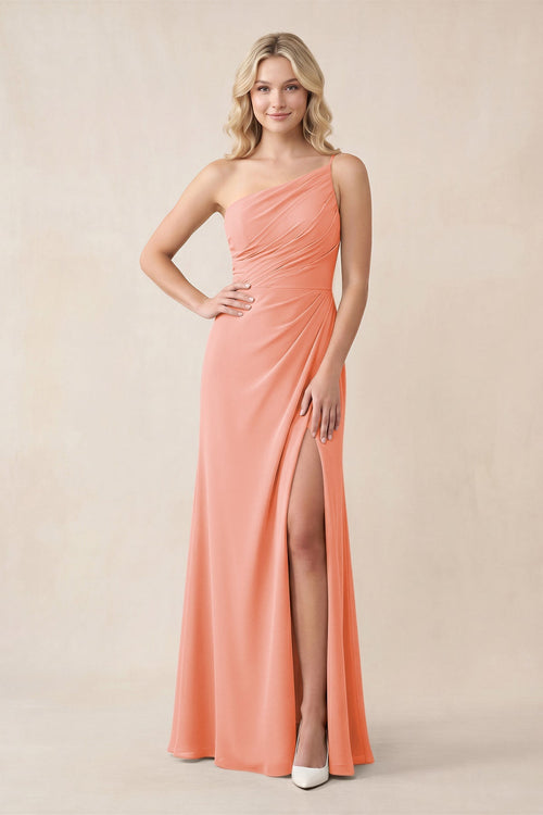 One - Shoulder Sheath Chiffon Ruched Bridesmaid Dress in Rosette - SHE IS ME Bridesmaid Dresses
