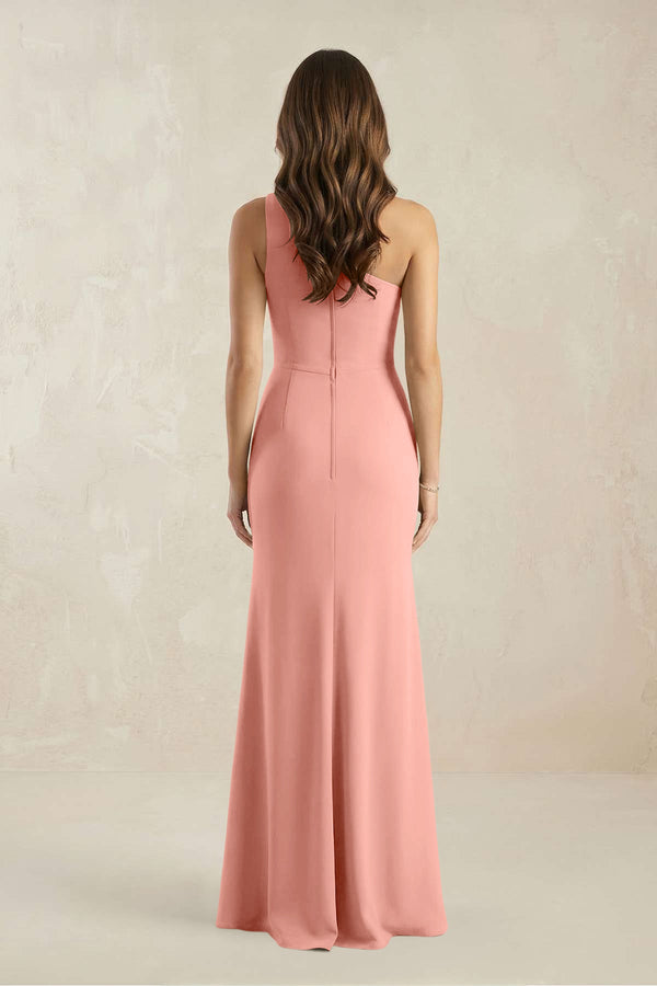 One-Shoulder Sheath Chiffon Ruched Bridesmaid Dress in Rosette (2) | KISSBRIDAL
