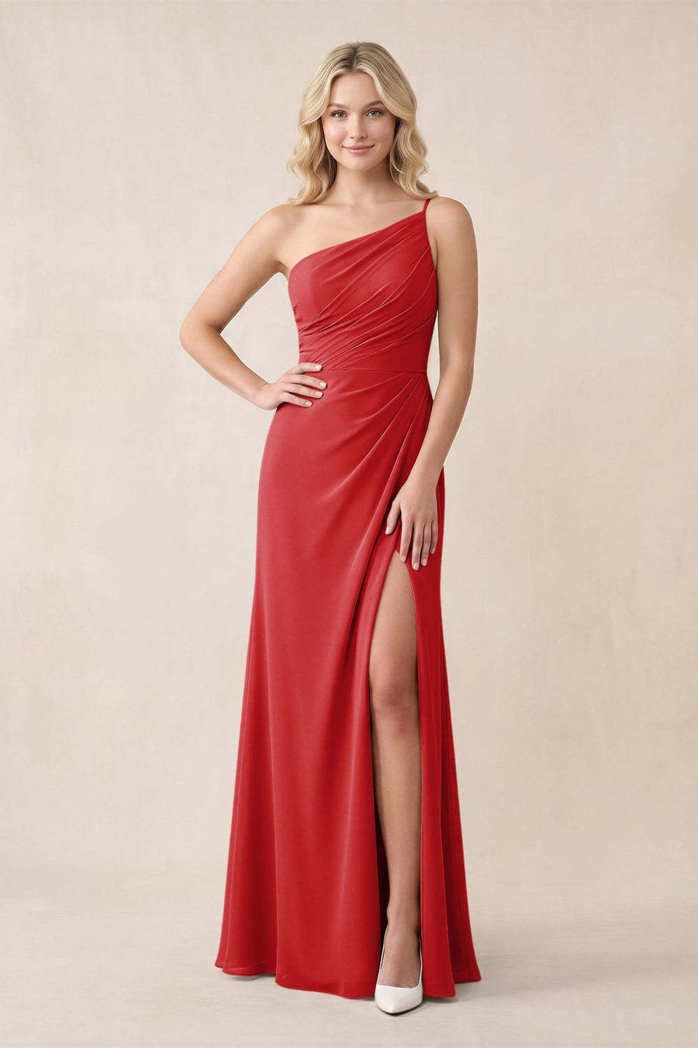 One - Shoulder Sheath Chiffon Ruched Bridesmaid Dress in Ruby Red - KISS BRIDAL Bridesmaid Dresses