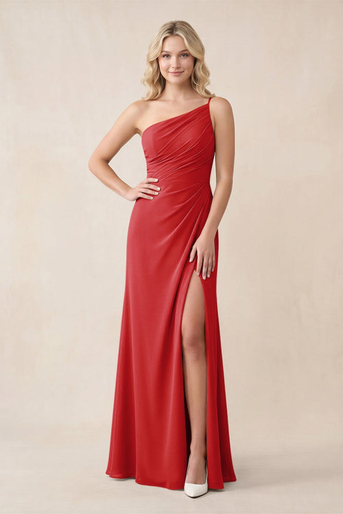 One - Shoulder Sheath Chiffon Ruched Bridesmaid Dress in Ruby Red - SHE IS ME Bridesmaid Dresses
