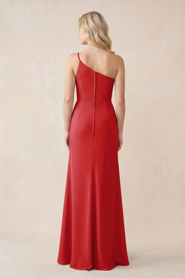 One - Shoulder Sheath Chiffon Ruched Bridesmaid Dress in Ruby Red - SHE IS ME Bridesmaid Dresses