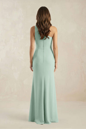 One-Shoulder Sheath Chiffon Ruched Bridesmaid Dress in Sage (2) | KISSBRIDAL