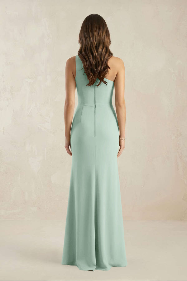 One-Shoulder Sheath Chiffon Ruched Bridesmaid Dress in Sage (2) | KISSBRIDAL