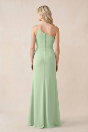 One - Shoulder Sheath Chiffon Ruched Bridesmaid Dress in Sage - SHE IS ME Bridesmaid Dresses