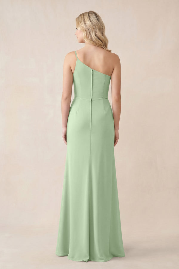 One - Shoulder Sheath Chiffon Ruched Bridesmaid Dress in Sage - SHE IS ME Bridesmaid Dresses