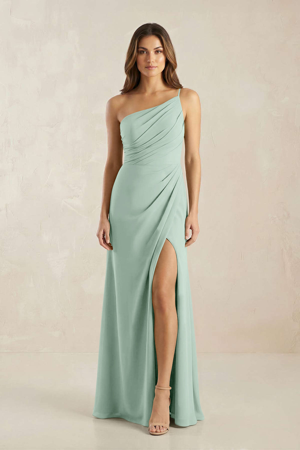 One-Shoulder Sheath Chiffon Ruched Bridesmaid Dress in Sage