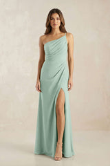 One-Shoulder Sheath Chiffon Ruched Bridesmaid Dress in Sage | KISSBRIDAL