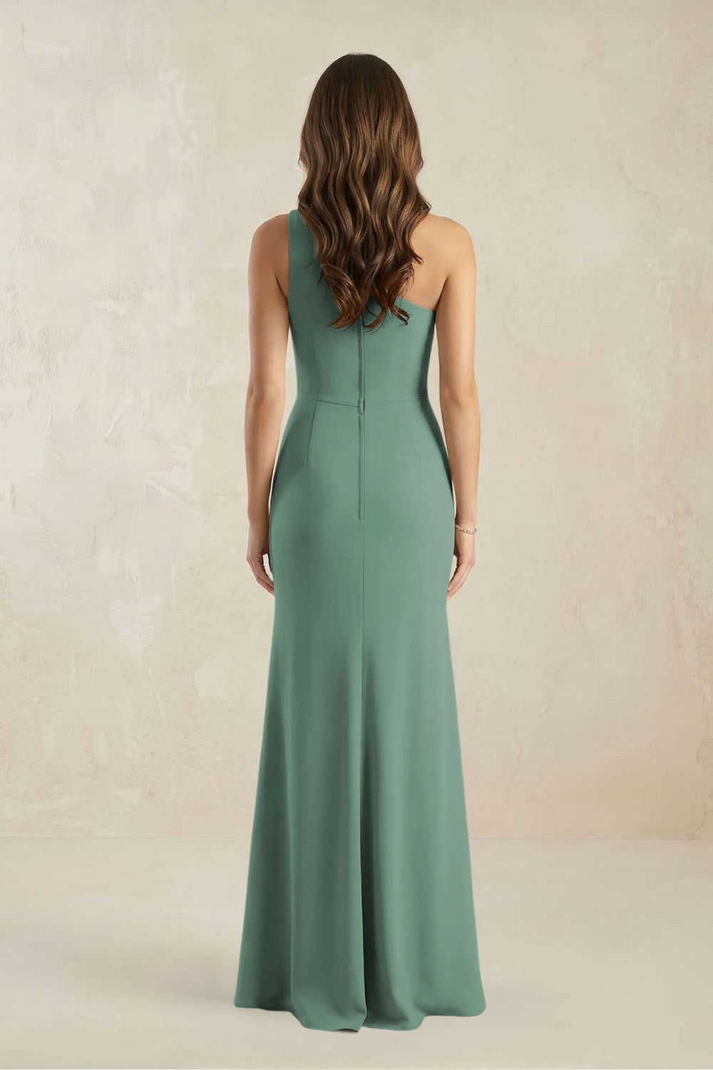 One-Shoulder Sheath Chiffon Ruched Bridesmaid Dress in Sea Glass