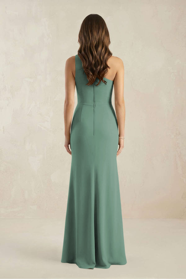 One-Shoulder Sheath Chiffon Ruched Bridesmaid Dress in Sea Glass (2) | KISSBRIDAL