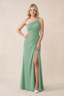 One - Shoulder Sheath Chiffon Ruched Bridesmaid Dress in Sea Glass - SHE IS ME Bridesmaid Dresses