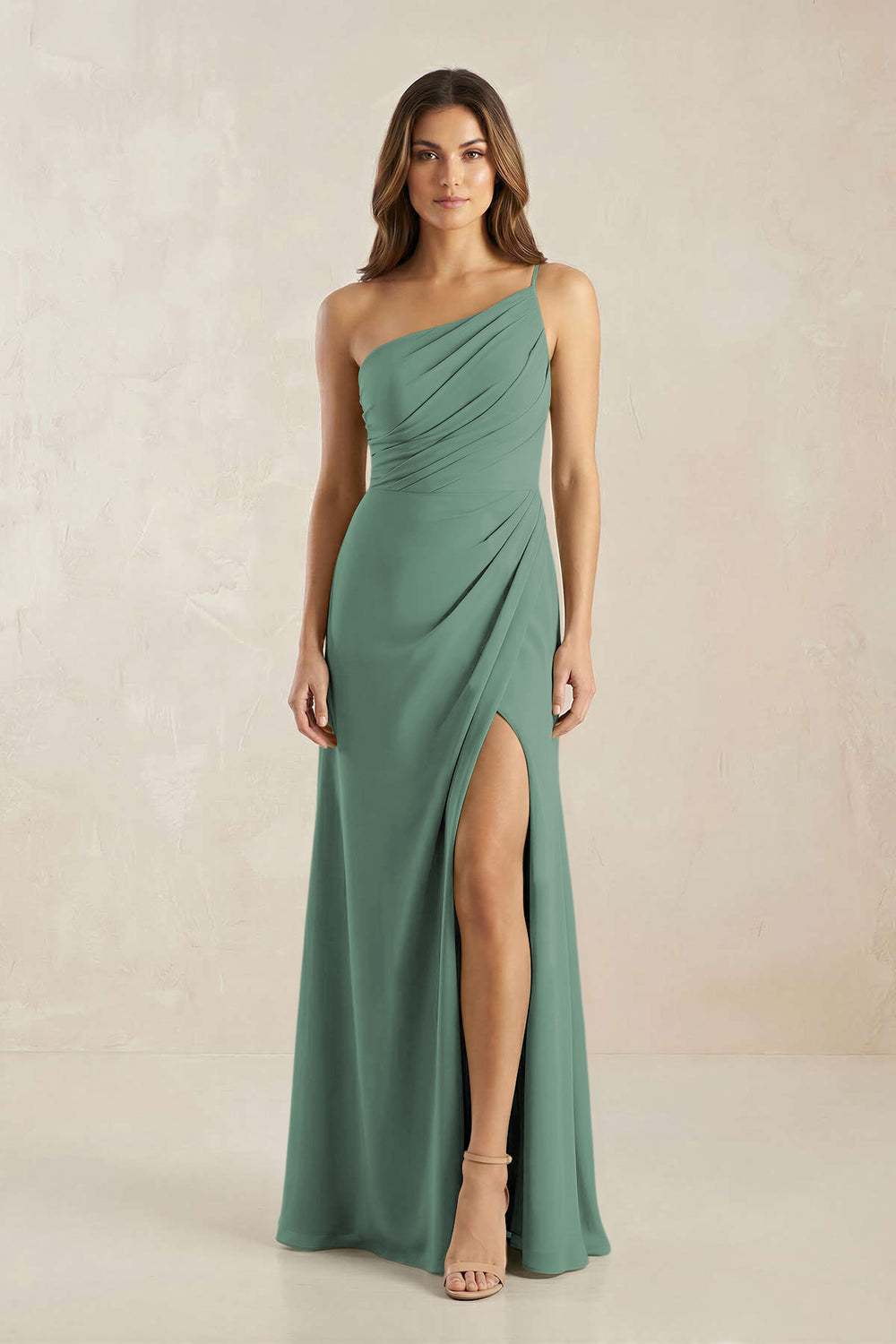 One-Shoulder Sheath Chiffon Ruched Bridesmaid Dress in Sea Glass
