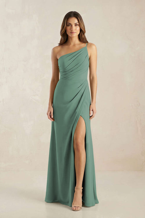 One-Shoulder Sheath Chiffon Ruched Bridesmaid Dress in Sea Glass | KISSBRIDAL