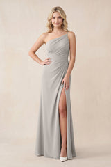 One - Shoulder Sheath Chiffon Ruched Bridesmaid Dress in Silver - KISS BRIDAL Bridesmaid Dresses