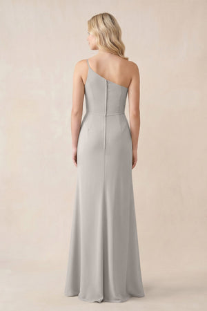 One - Shoulder Sheath Chiffon Ruched Bridesmaid Dress in Silver - SHE IS ME Bridesmaid Dresses