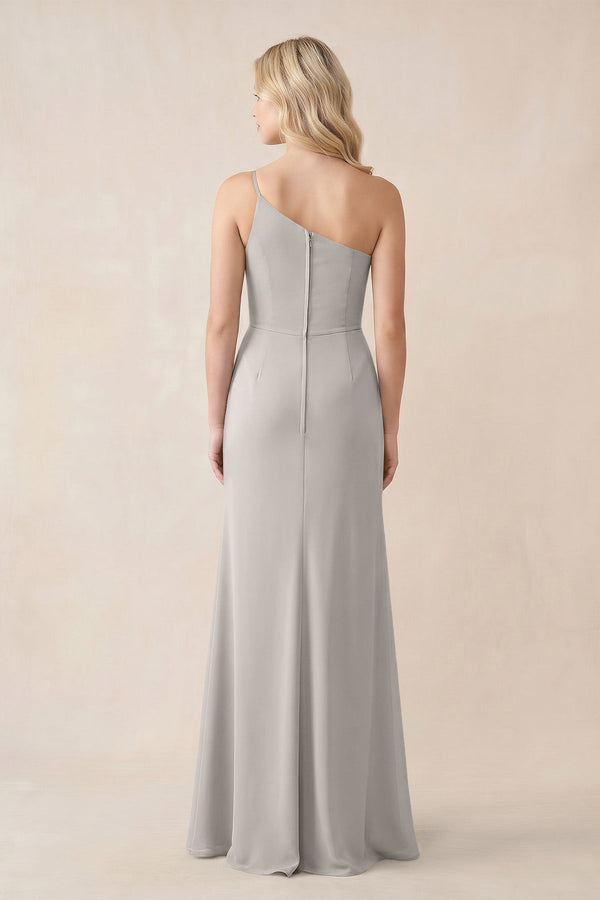 One - Shoulder Sheath Chiffon Ruched Bridesmaid Dress in Silver - SHE IS ME Bridesmaid Dresses