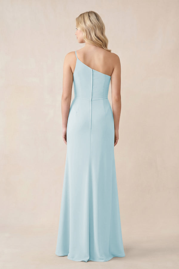 One - Shoulder Sheath Chiffon Ruched Bridesmaid Dress in Sky Blue - SHE IS ME Bridesmaid Dresses
