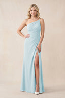 One - Shoulder Sheath Chiffon Ruched Bridesmaid Dress in Sky Blue - SHE IS ME Bridesmaid Dresses