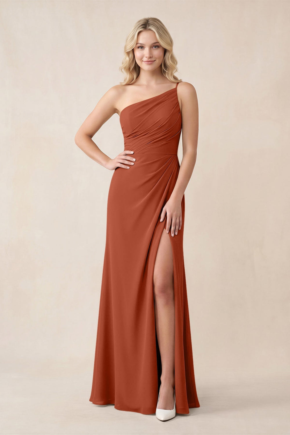 One - Shoulder Sheath Chiffon Ruched Bridesmaid Dress in Spice - KISS BRIDAL Bridesmaid Dresses