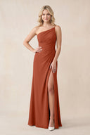 One - Shoulder Sheath Chiffon Ruched Bridesmaid Dress in Spice - SHE IS ME Bridesmaid Dresses