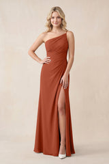 One - Shoulder Sheath Chiffon Ruched Bridesmaid Dress in Spice - KISS BRIDAL Bridesmaid Dresses