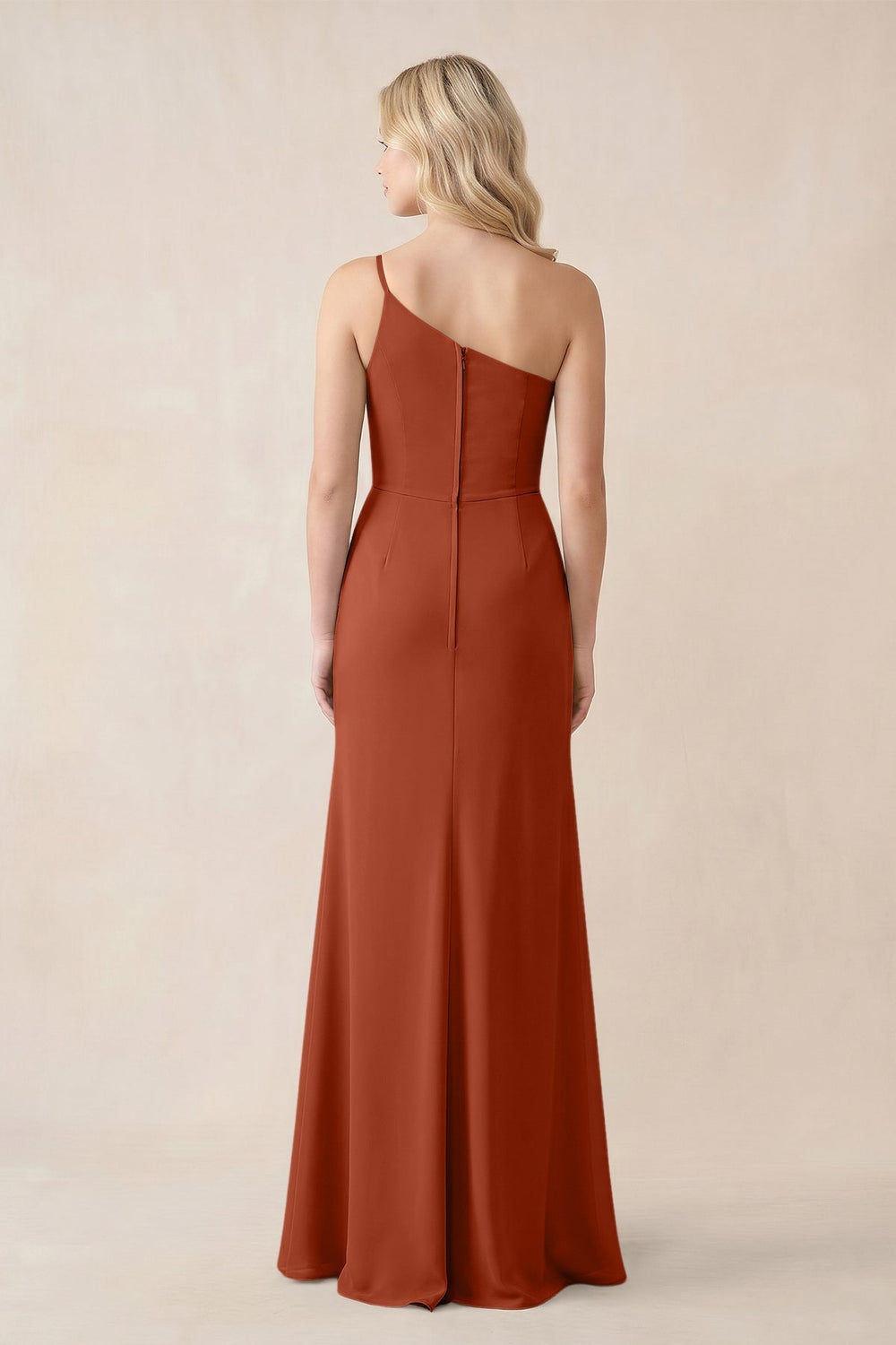One - Shoulder Sheath Chiffon Ruched Bridesmaid Dress in Spice - KISS BRIDAL Bridesmaid Dresses