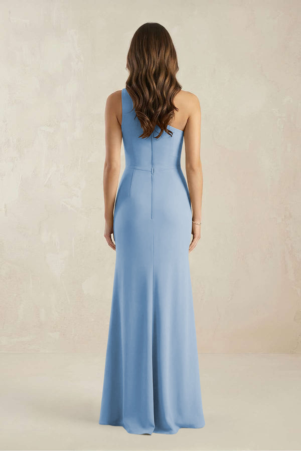 One-Shoulder Sheath Chiffon Ruched Bridesmaid Dress in Steel Blue (2) | KISSBRIDAL