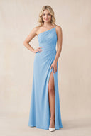 One - Shoulder Sheath Chiffon Ruched Bridesmaid Dress in Steel Blue - SHE IS ME Bridesmaid Dresses
