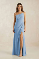 One-Shoulder Sheath Chiffon Ruched Bridesmaid Dress in Steel Blue | KISSBRIDAL
