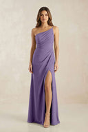One-Shoulder Sheath Chiffon Ruched Bridesmaid Dress in Tahiti | KISSBRIDAL