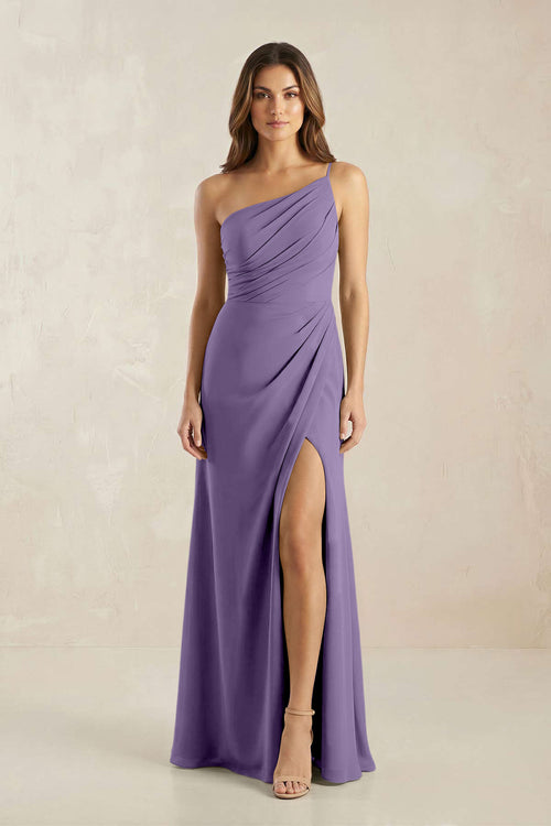 One-Shoulder Sheath Chiffon Ruched Bridesmaid Dress in Tahiti | KISSBRIDAL