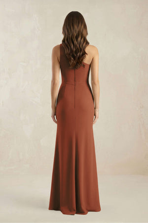 One-Shoulder Sheath Chiffon Ruched Bridesmaid Dress in Terracotta (2) | KISSBRIDAL