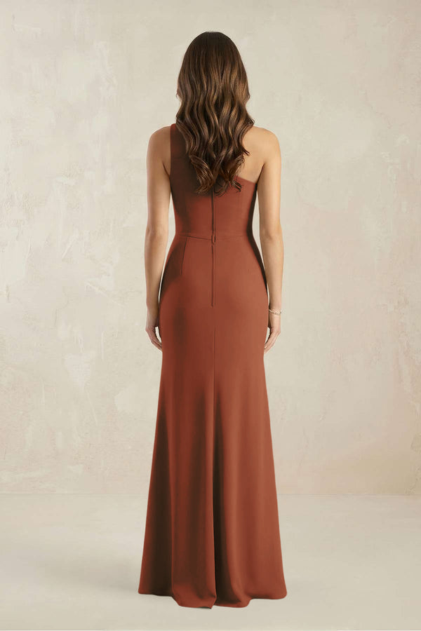 One-Shoulder Sheath Chiffon Ruched Bridesmaid Dress in Terracotta (2) | KISSBRIDAL