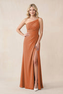 One - Shoulder Sheath Chiffon Ruched Bridesmaid Dress in Terracotta - SHE IS ME Bridesmaid Dresses