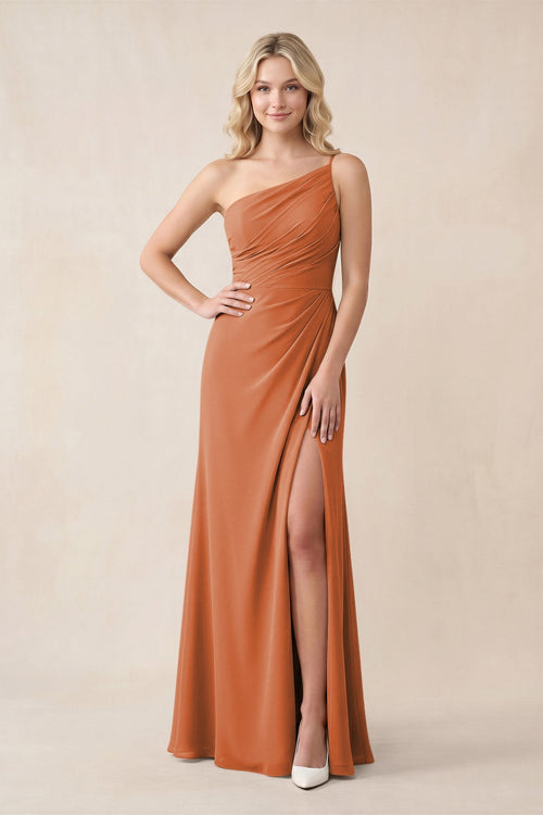 One - Shoulder Sheath Chiffon Ruched Bridesmaid Dress in Terracotta - SHE IS ME Bridesmaid Dresses