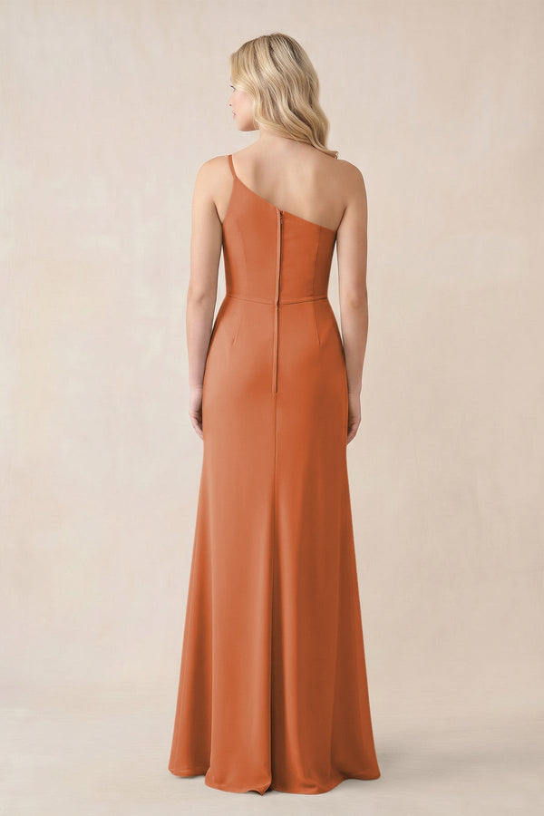One - Shoulder Sheath Chiffon Ruched Bridesmaid Dress in Terracotta - SHE IS ME Bridesmaid Dresses